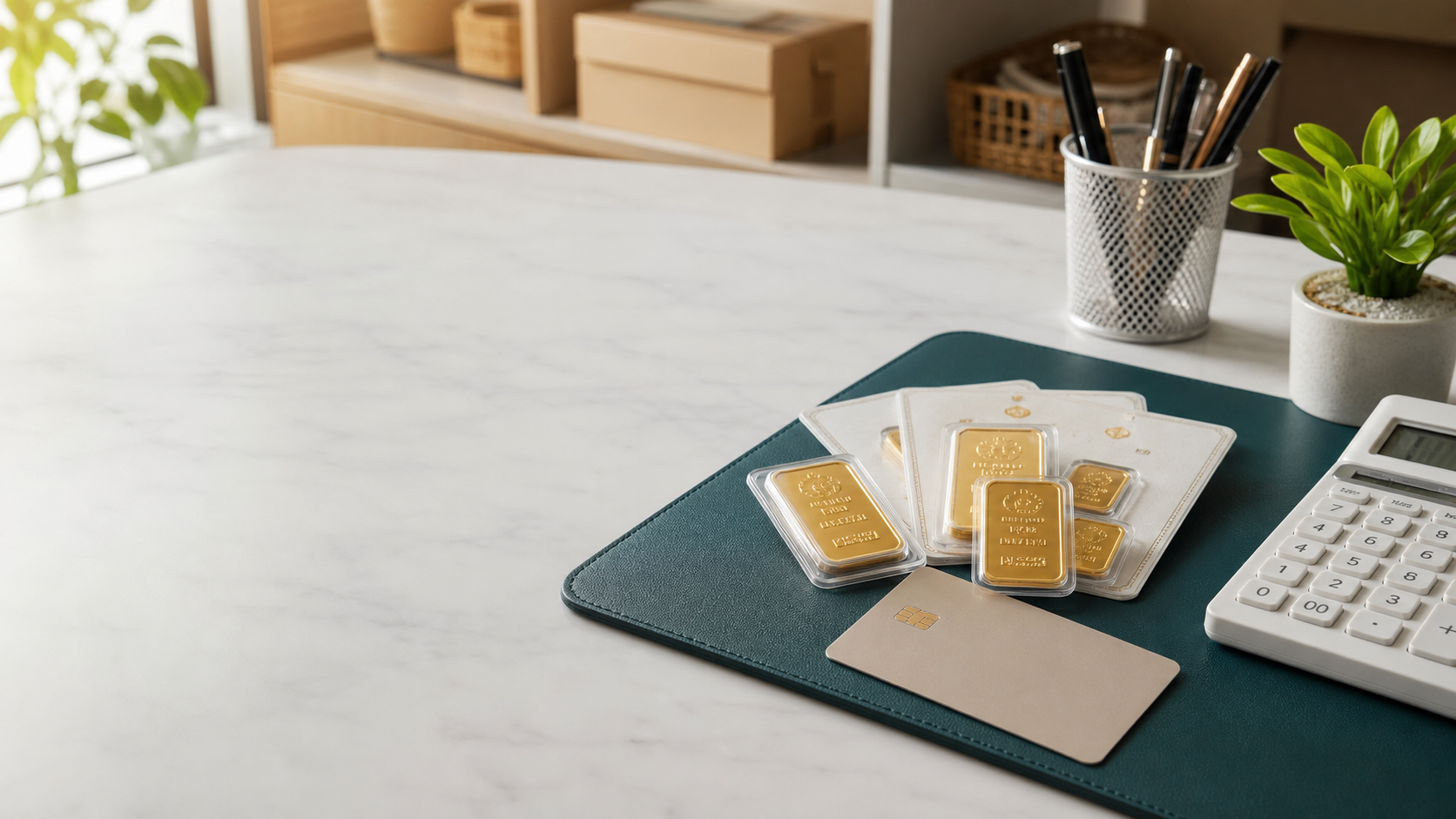 Certified gold bars arranged with payment records on a premium desk